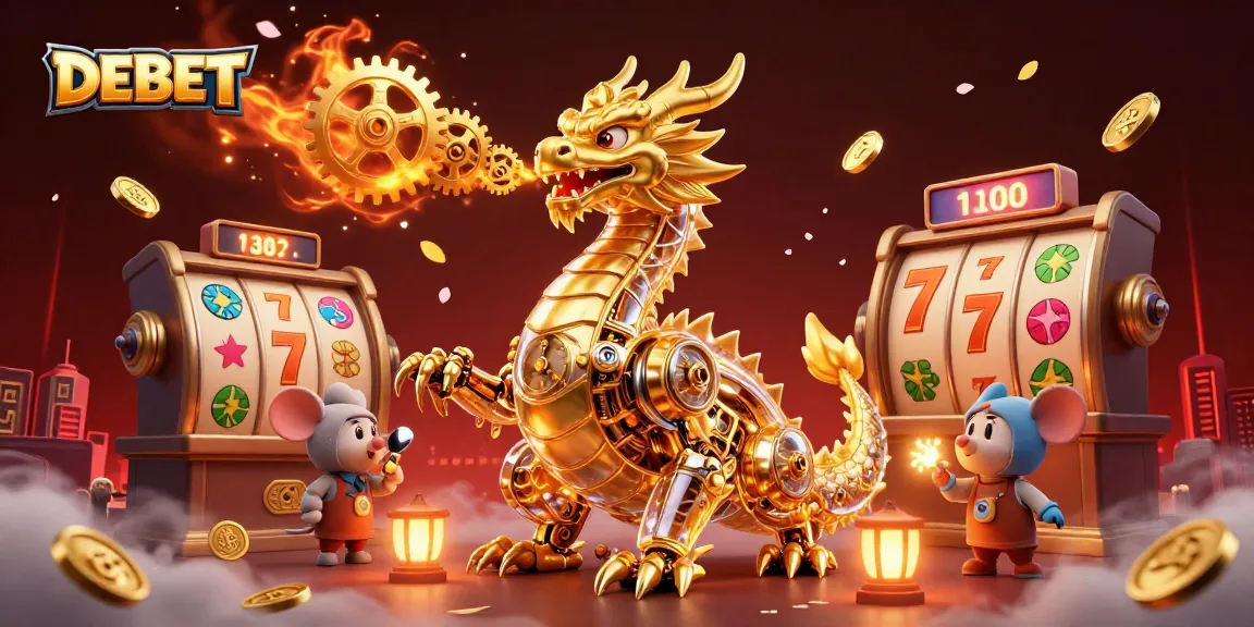 Experience thrilling slots with DEBET as a golden dragon breaths gears and cogs amidst vibrant symbols.