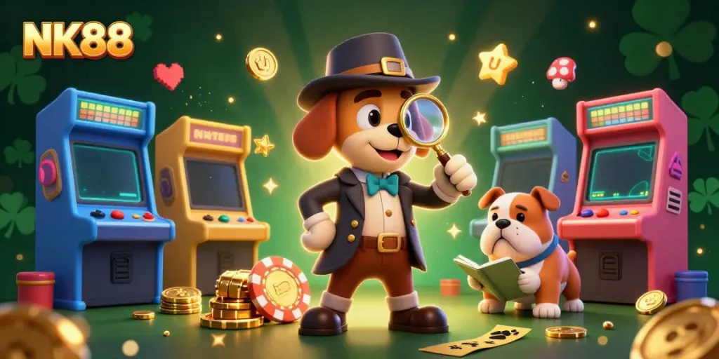 Experience thrilling moments with NK88 as a clever detective investigates a golden poker chip in a vibrant casino.