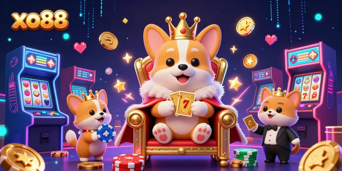 Engage in thrilling gaming with xo88 at a vibrant casino scene featuring royal corgis and dynamic game elements.