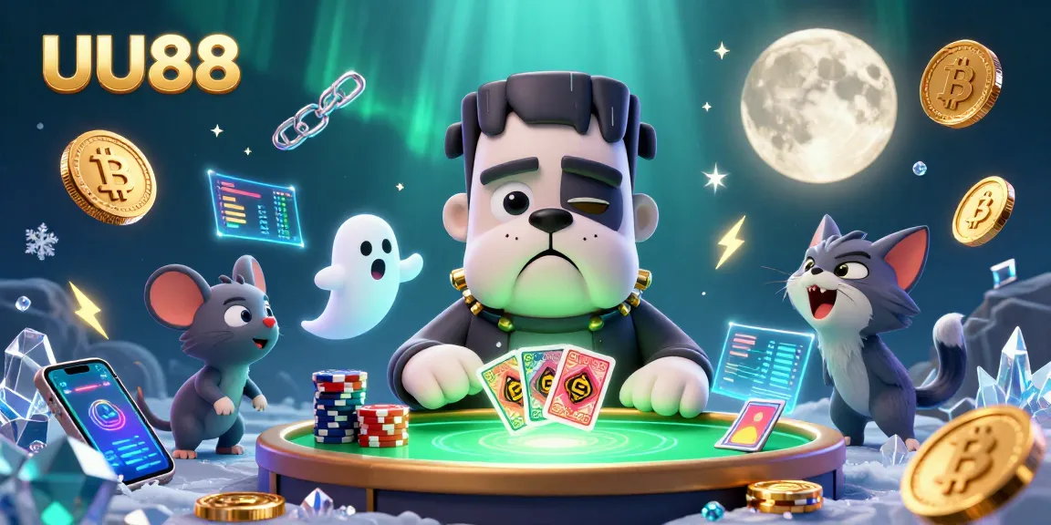 Engage with UU88's thrilling gaming scene featuring a Frankenstein bulldog and spooky elements.