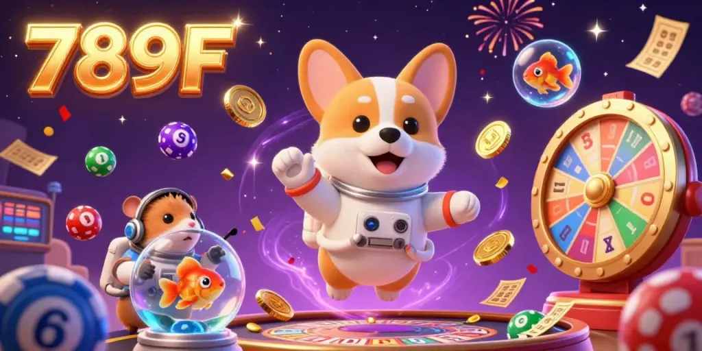 Experience the vibrant energy of 789F with a floating corgi in a casino scene filled with colorful games and prizes.
