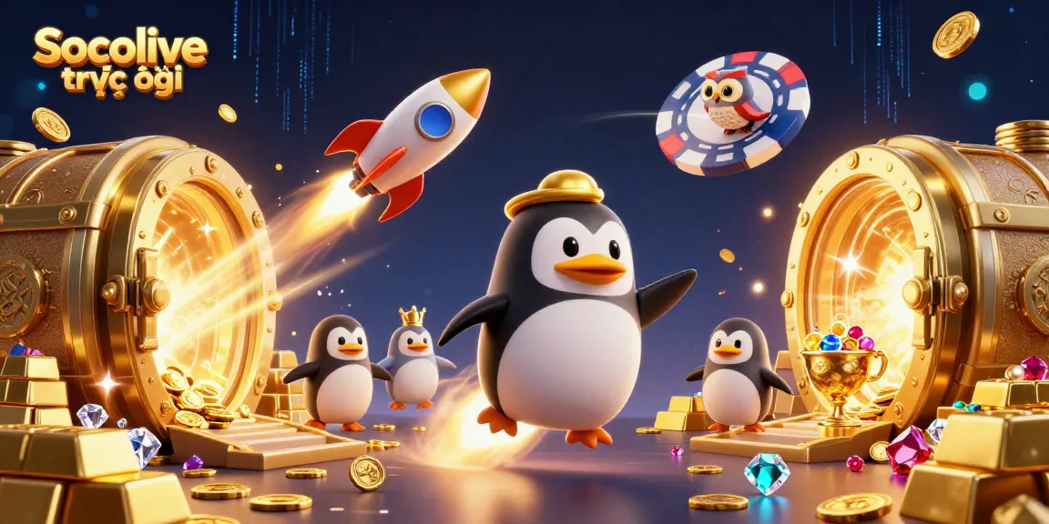 Experience Socolive trực tiếp with vibrant 3D penguin and dynamic casino elements amidst a cosmic backdrop.