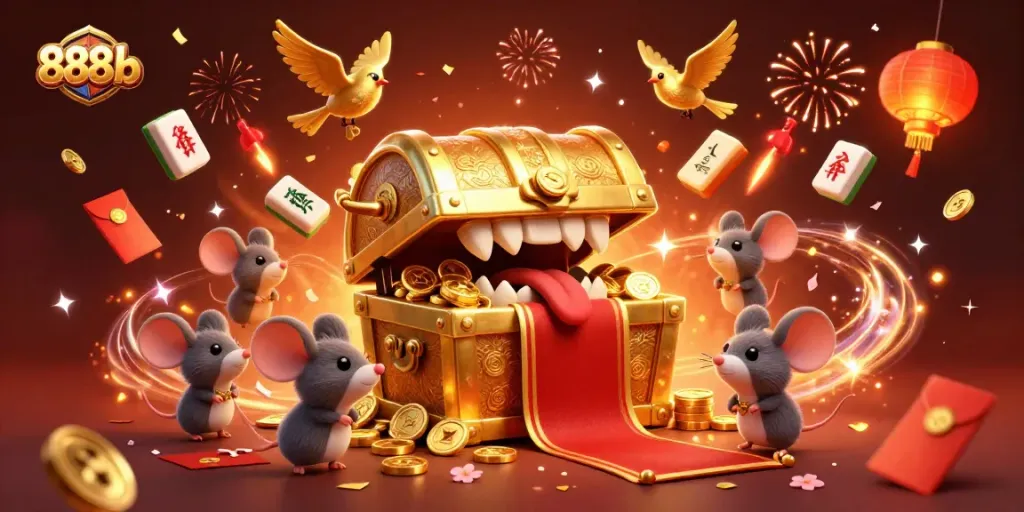 Embrace the thrill of 888b Casino with treasure chests, gold coins, and winning opportunities.