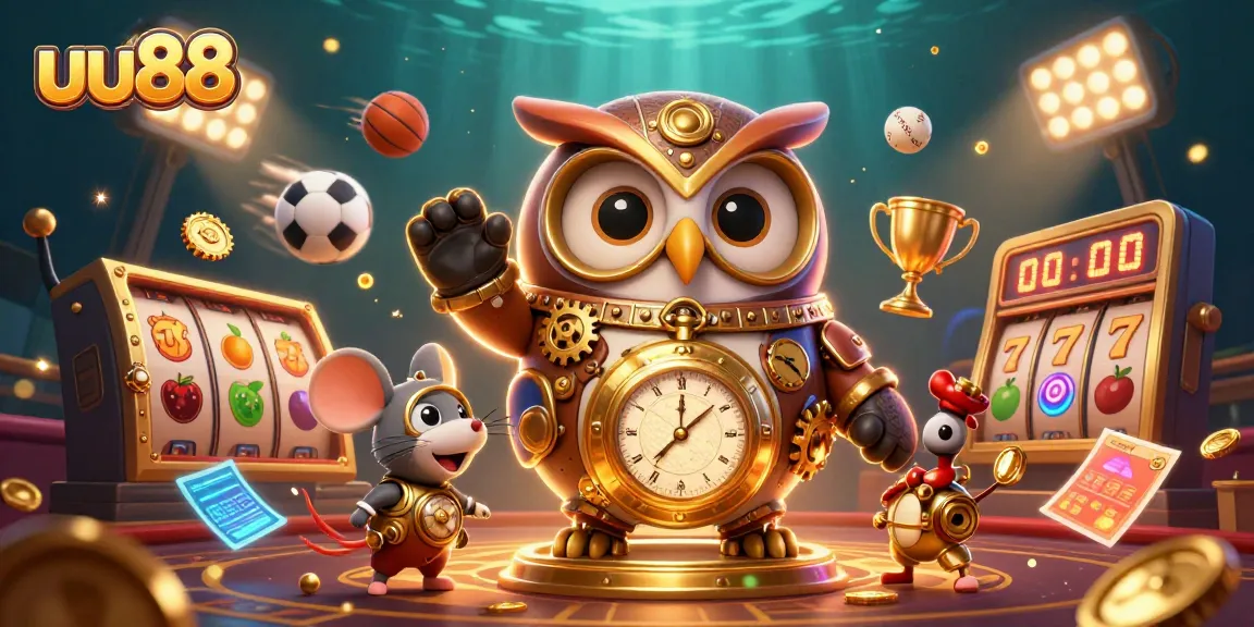 Play exciting casino games on uu88 with a captivating scene of a time-traveling owl and vibrant game elements.