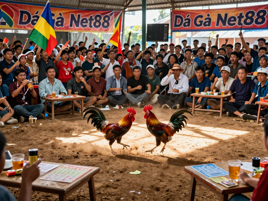 Exciting Đá Gà Net88 cockfighting scene with vibrant roosters and an engaged crowd.