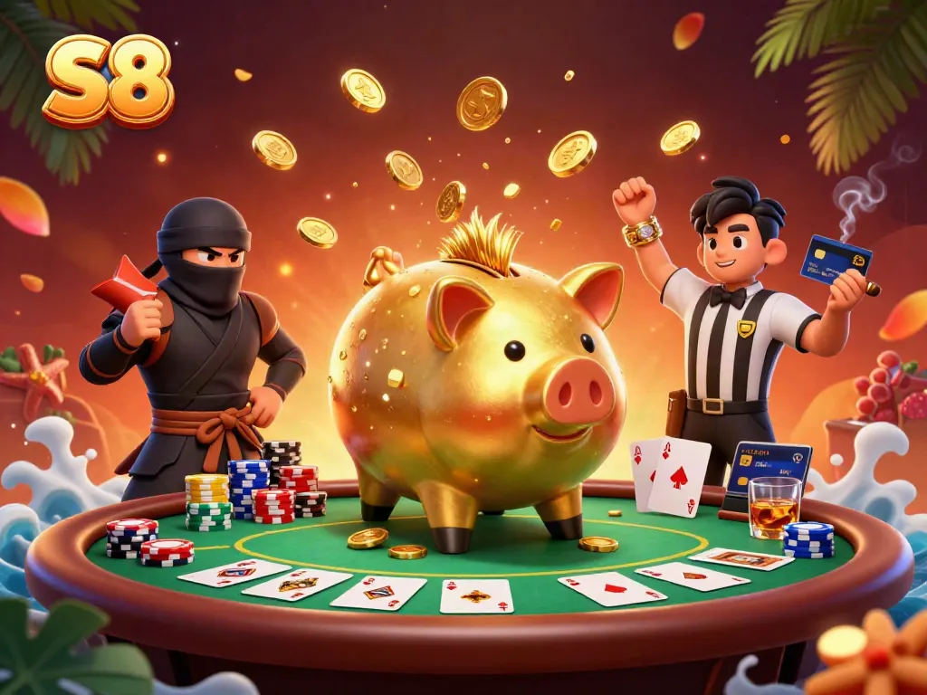 Engaging S8 scene showcasing a golden piggy bank wrestler with poker elements and vibrant atmosphere.