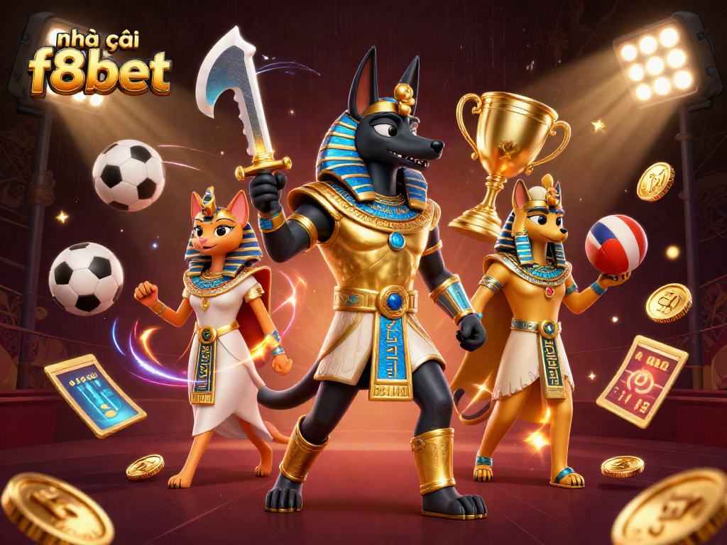 Engage in thrilling sports betting with nhà cái f8bet featuring an energetic illustration of Anubis and Bastet.