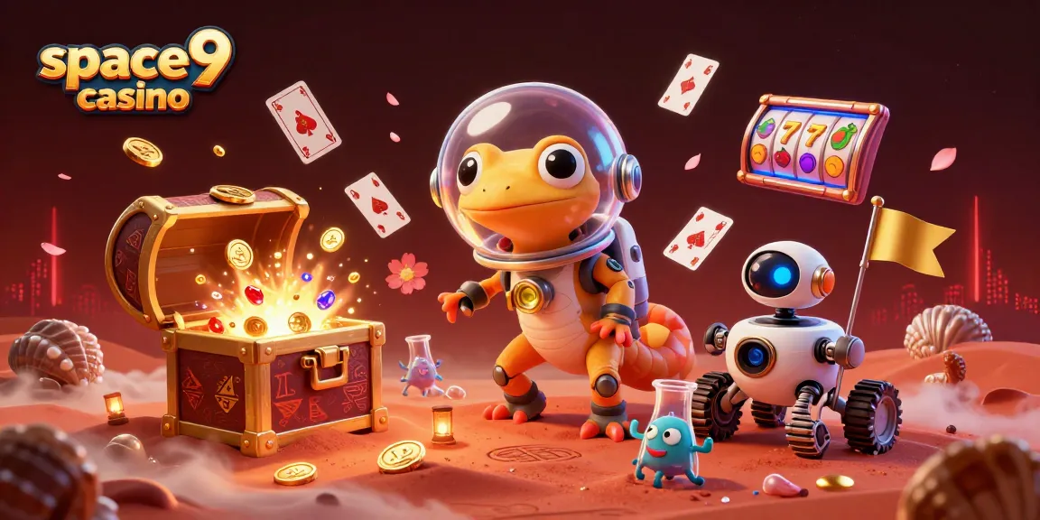 Play exciting games at space9 casino with a Martian gecko uncovering treasures in a vibrant scene.