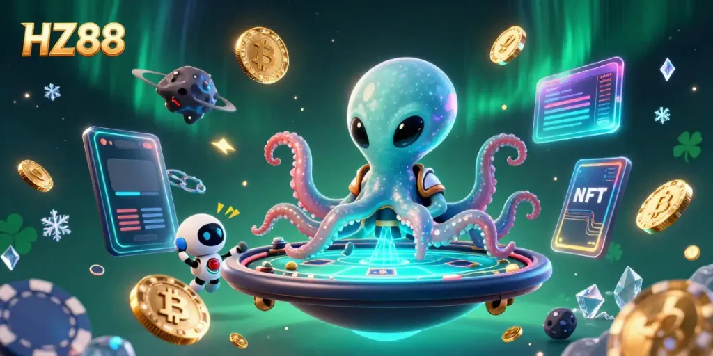 Play poker with HZ88, featuring a 3D alien octopus companion at a holographic table.