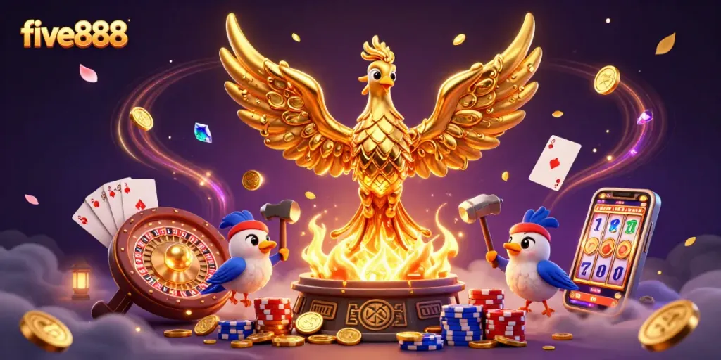 Engage with the thrilling experience of five888's molten gold casino world, featuring a golden phoenix and dynamic game elements.