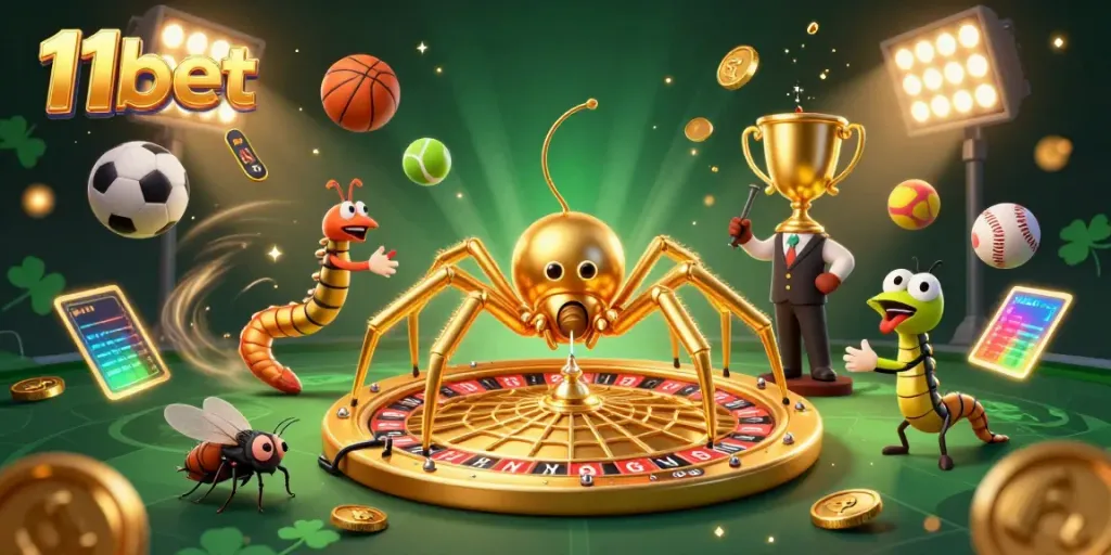Experience thrilling betting with 11bet in this vibrant 3D scene featuring a golden web roulette.