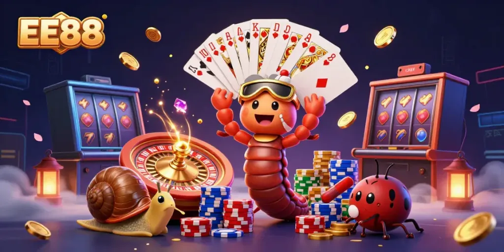 Experience thrilling gaming action in EE88 with a vibrant 3D illustration of a lively casino scene.