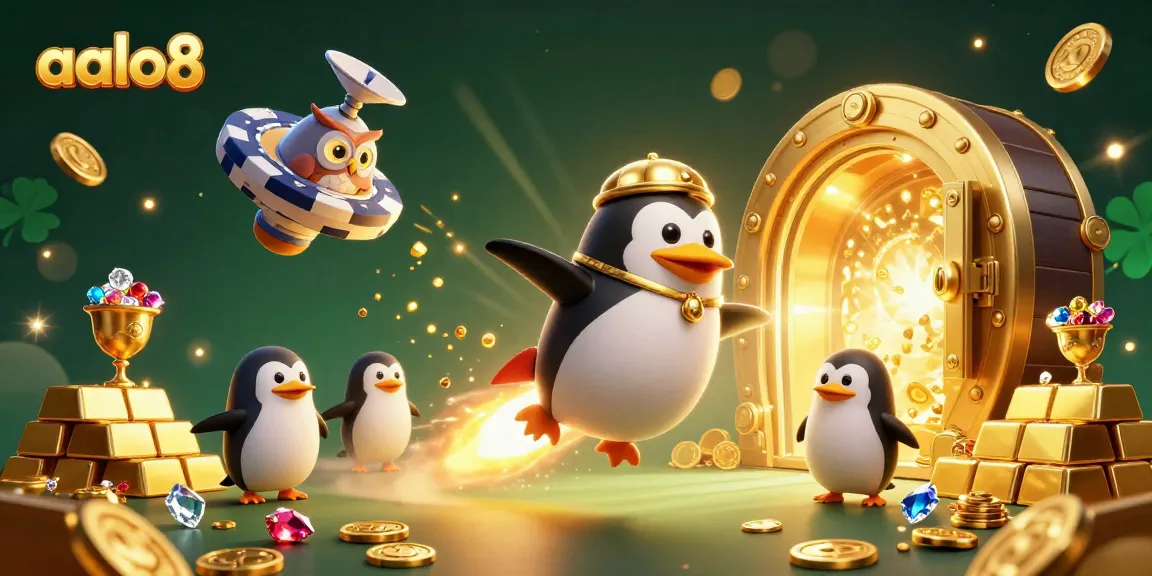 A golden penguin rockets through space to reach aalo8 casino, surrounded by treasures and jackpots.