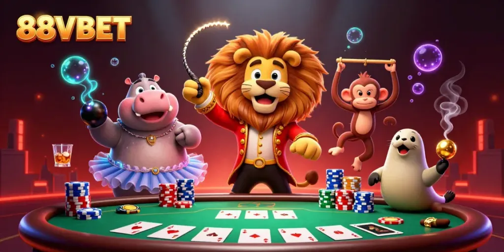 Experience the thrilling 88VBET casino with a vibrant circus theme featuring playful characters and rich gambling elements.
