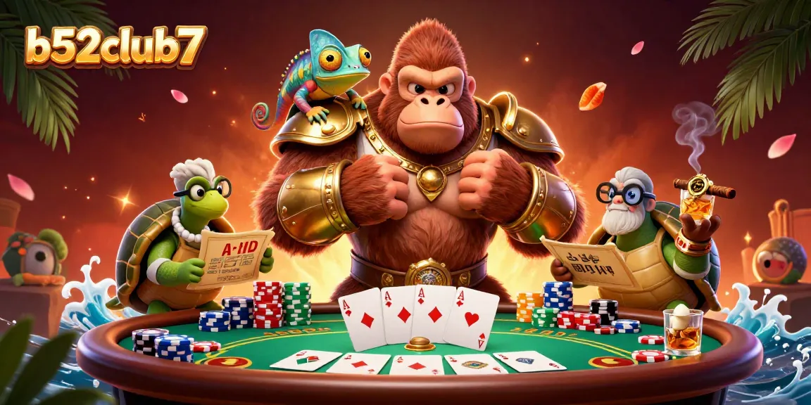 B52club7 players enjoying a vibrant casino scene with poker action and colorful characters.