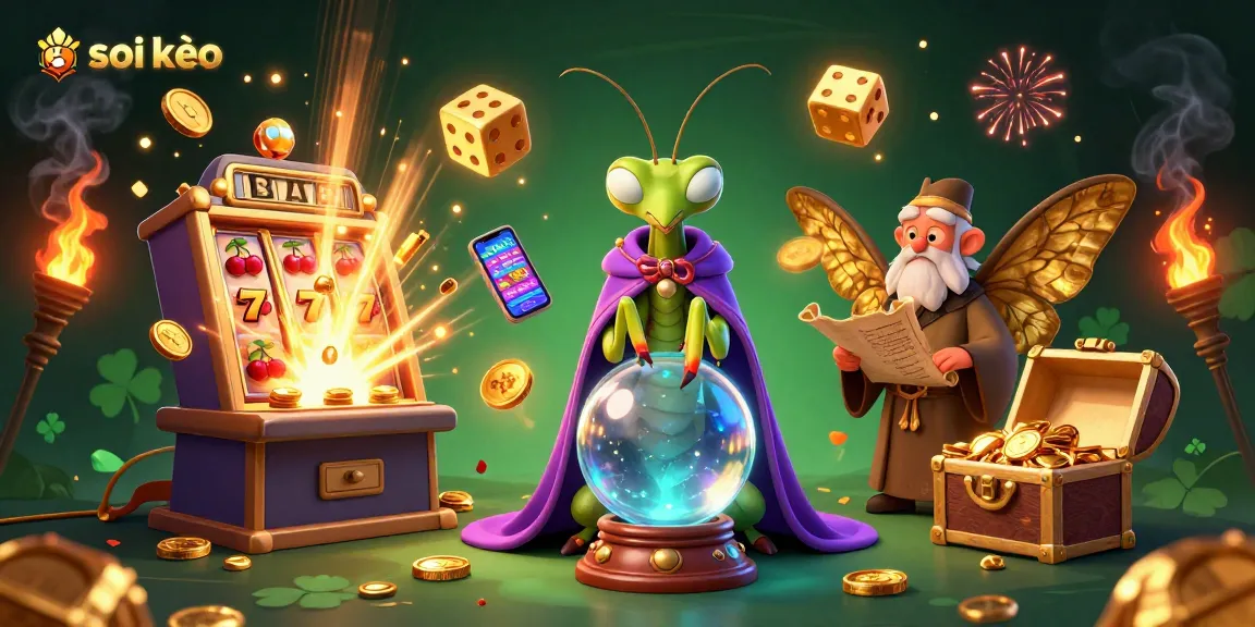 Soi kèo sports betting with a mystical fortune teller, slot machine winning coins, and vibrant casino themes.