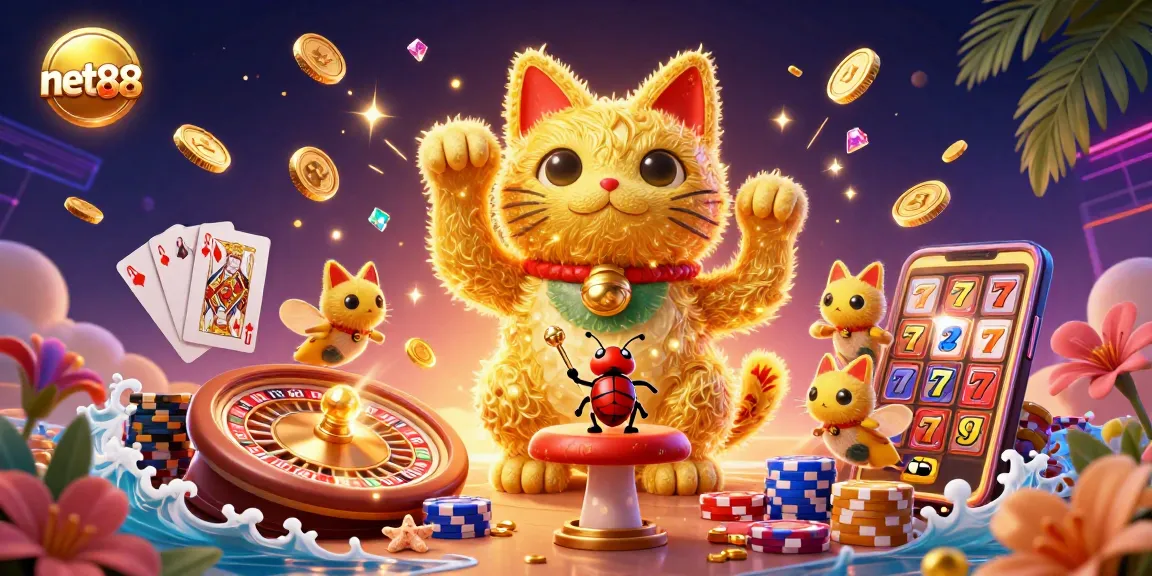 Experience luck and excitement with net88 through this vibrant casino illustration featuring a lucky cat and dynamic gaming elements.