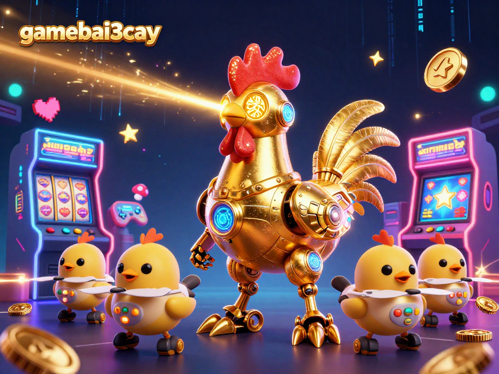 Engage with gamebai3cay's vibrant 3D casino world featuring a futuristic rooster robot and dynamic slot machines.