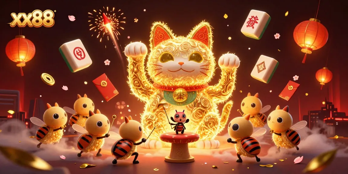 Experience excitement with xx88’s vibrant lucky cat amid lively casino symbols.