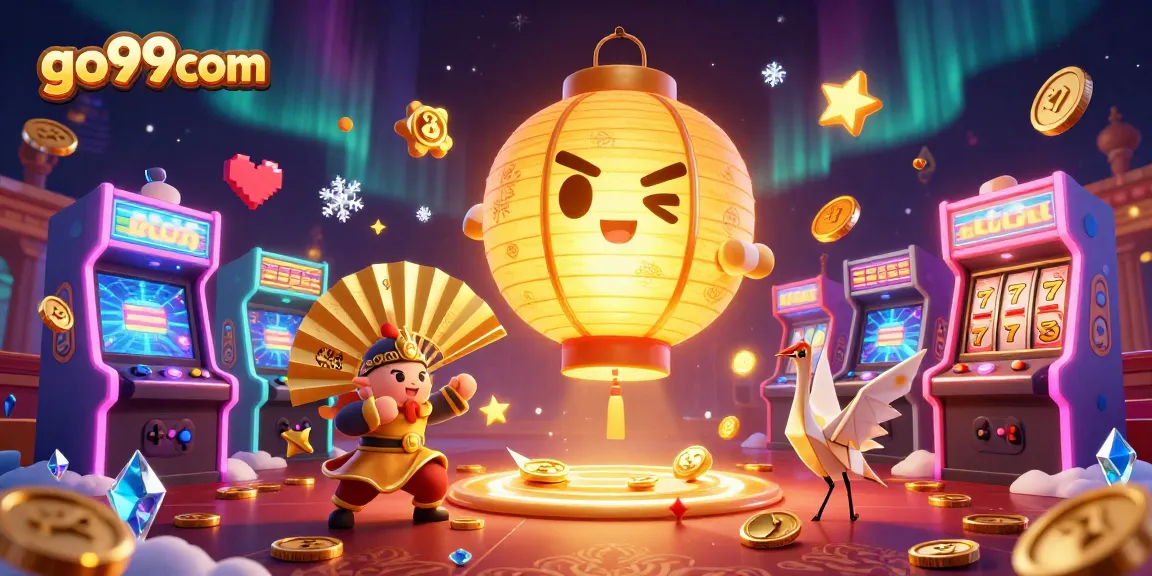 Experience the excitement of go99com as a golden lantern spirit floats over a vibrant casino scene.