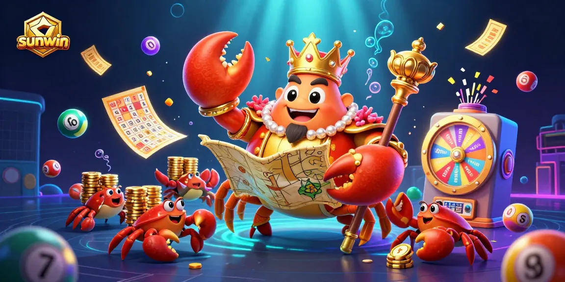 Sunwin lottery scene with a golden crab emperor and dynamic gaming elements for a thrilling experience.