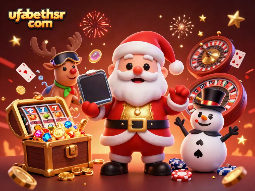 Win jackpots with ufabethsr com in a festive casino scene featuring Santa, reindeer, and a snowman.