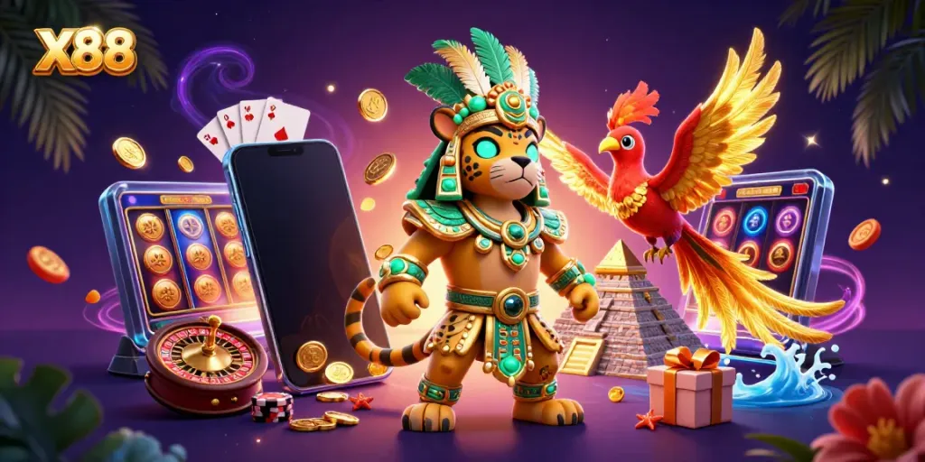 X88 showcases a thrilling Mayan-themed casino scene with a jaguar priest and vibrant game elements.