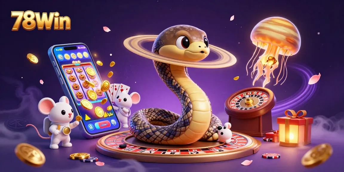 78Win features a captivating 3D illustration of cosmic characters engaging in fun gambling activities.