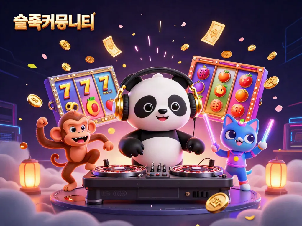 Engaging scene from the 슬롯커뮤니티 showcasing a DJ panda, breakdancing monkey, and glowing kitten surrounded by dynamic slot gaming elements.