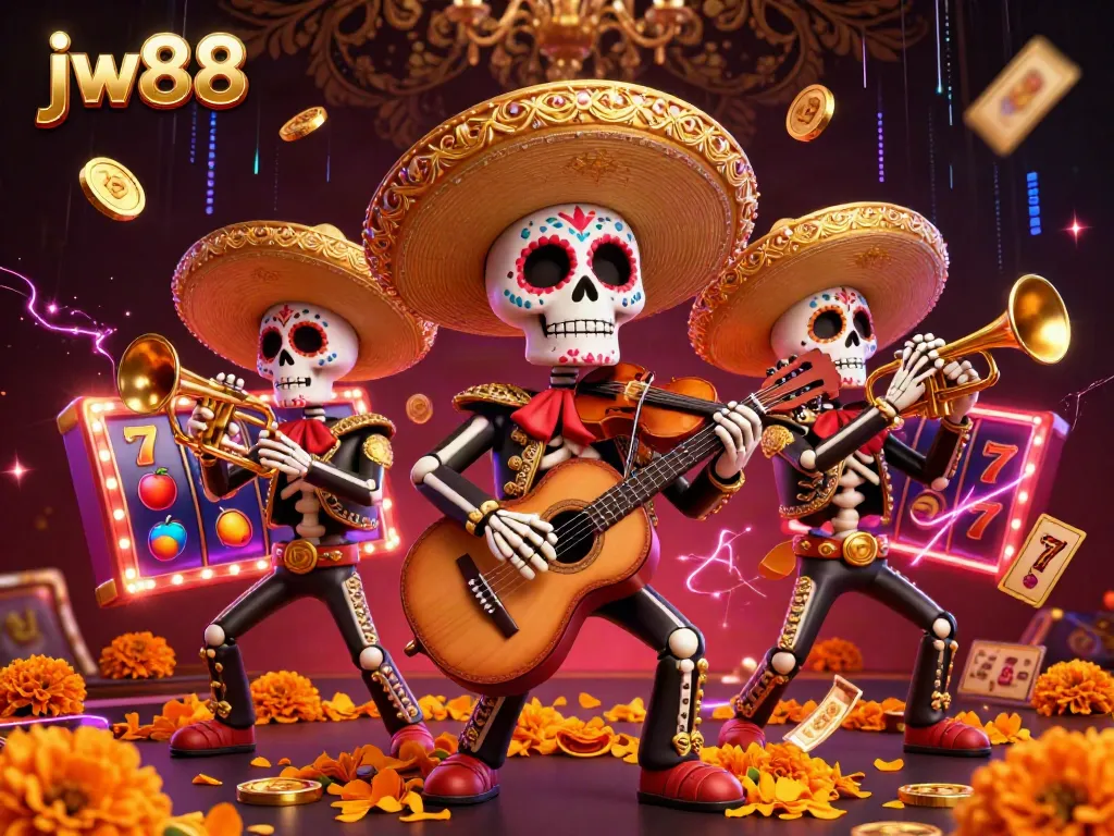 Engage with immersive jw88 casino thrills in a vibrant 3D illustration featuring lively mariachi band.