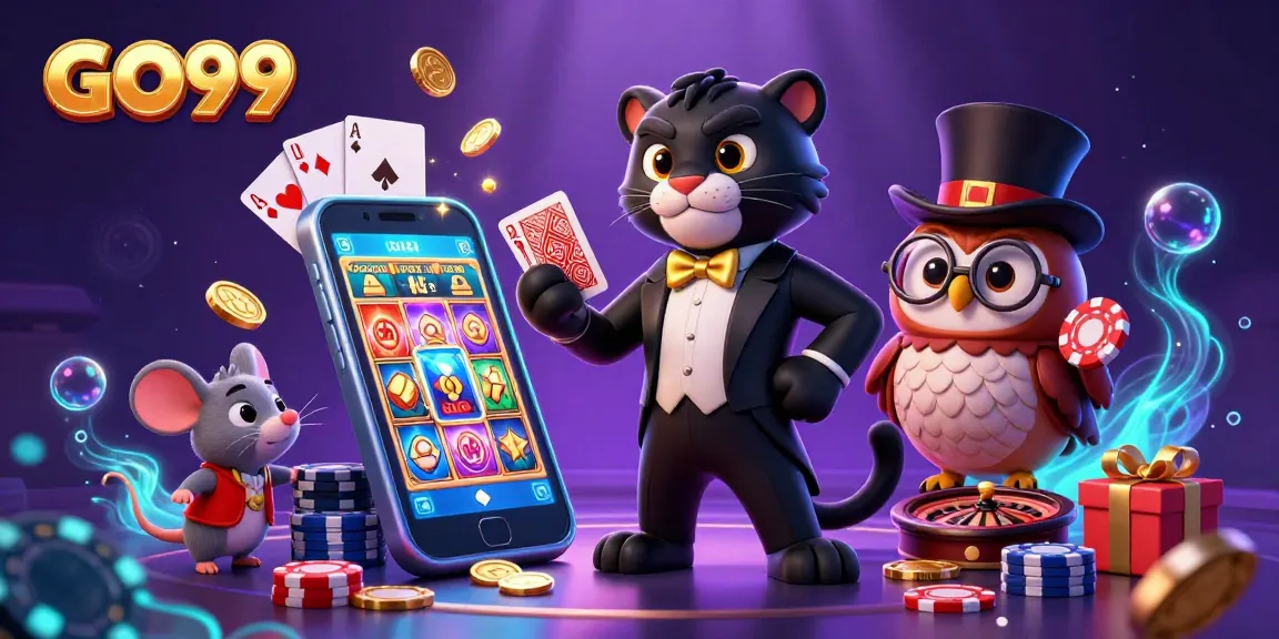 GO99 showcases a stylish panther dealing cards in a vibrant casino setting with rich details.