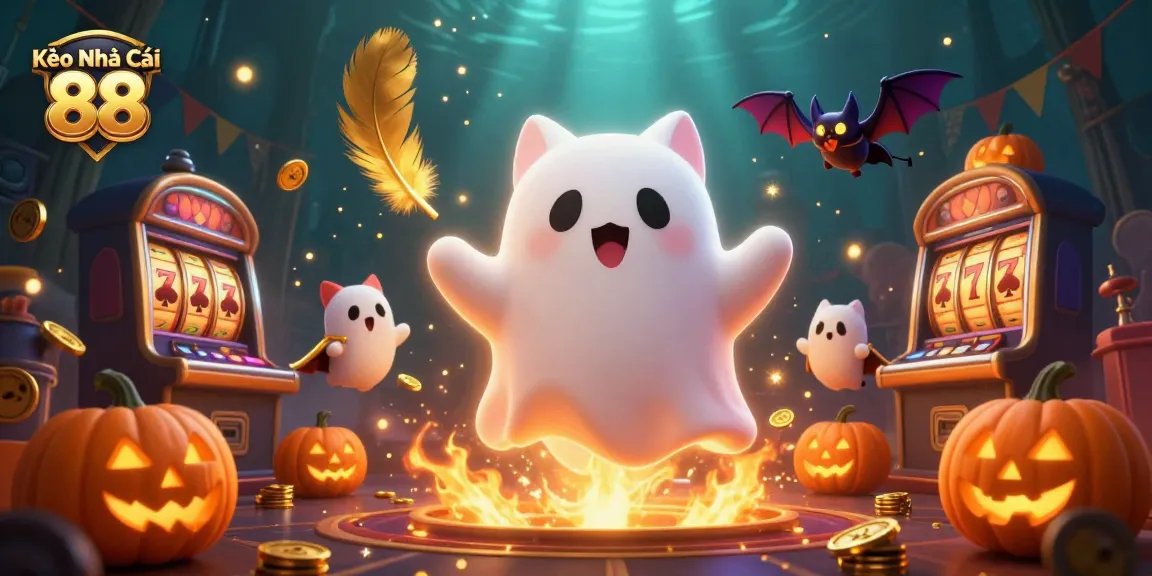 Kèo Nhà Cái 88 showcases a lively haunted casino scene with a friendly ghost cat and vibrant slot elements.