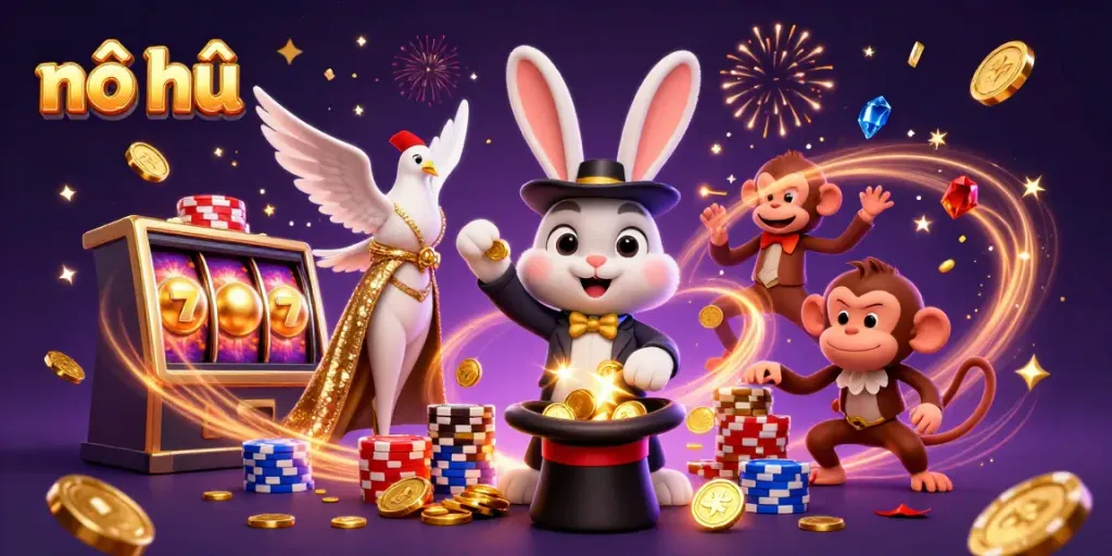 Experience nổ hũ with a magical rabbit pulling golden coins, surrounded by vibrant casino elements.