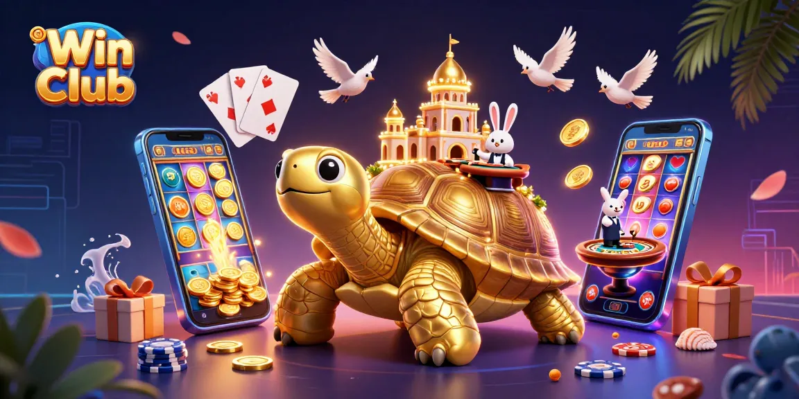 Win big at iWin Club with a lively casino scene filled with gold coins, games, and a golden tortoise
