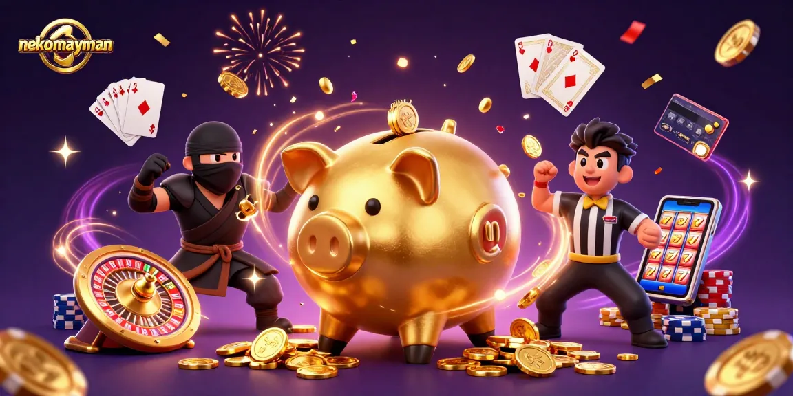 Experience nekomayman’s dynamic gameplay with golden coins, colorful poker chips, and a vibrant casino atmosphere.