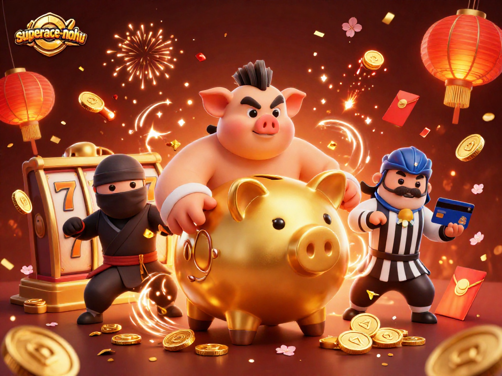 Engage with superace-nohu's vibrant casino scene featuring a golden piggy bank sumo wrestler amidst dynamic slot reels.