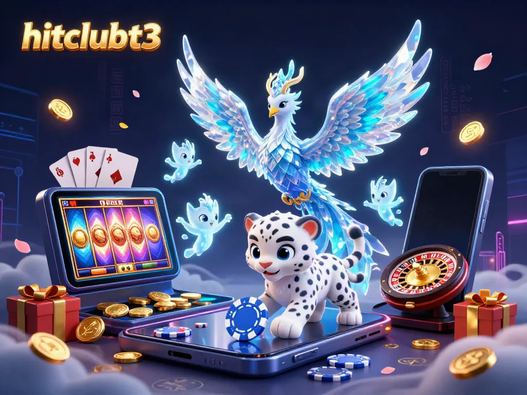 Engage in vibrant gaming excitement with hitclubt3, showcasing an ice phoenix, snow leopard cub, and dynamic casino elements.