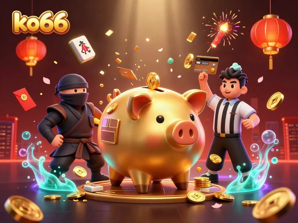 Witness an exciting ko66 scene with a golden piggy bank sumo wrestler shaking loose coins amidst vibrant casino elements.