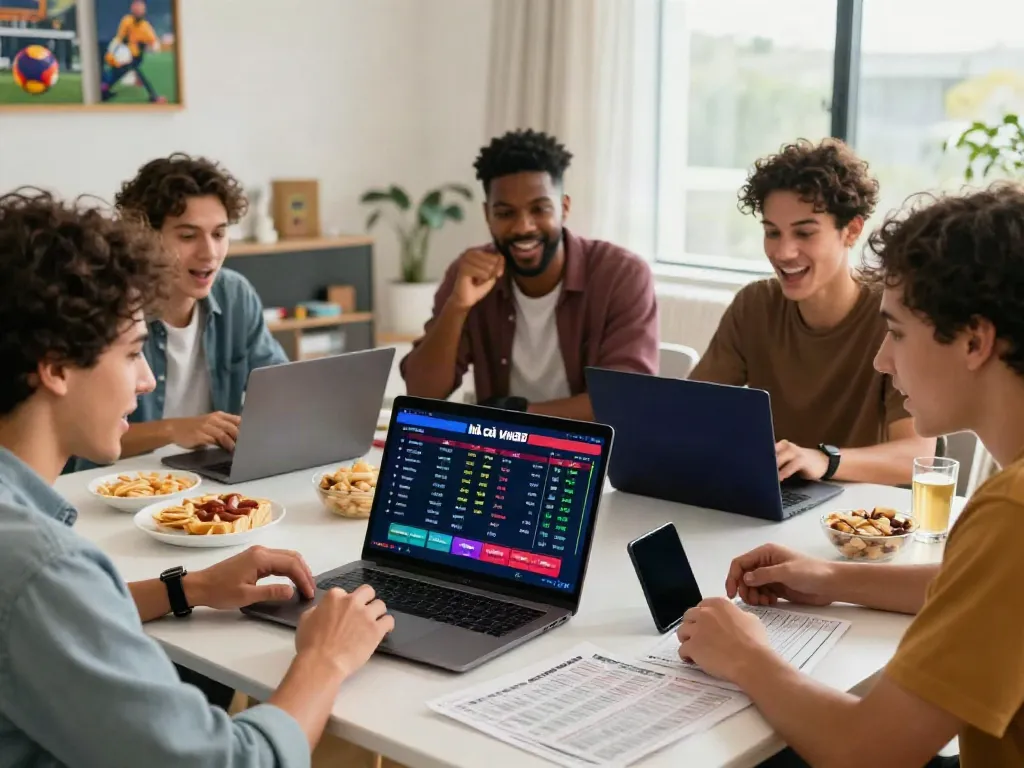 Excited group enjoying online betting at nhà cái Vin88 in a modern living room.