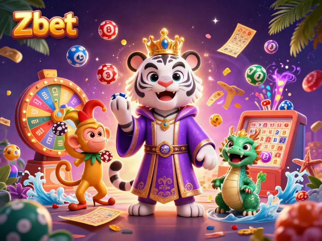 Zbet features a whimsical white tiger and monkey in a vibrant casino scene with colorful game elements.