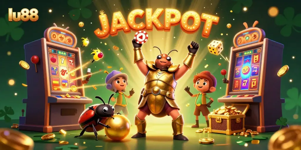 Experience the excitement of lu88 with a victorious beetle amidst a jackpot explosion and colorful casino symbols.