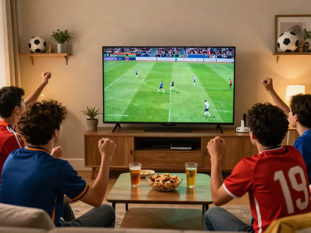 Fans enjoying a live football match on Gavangtv in a cozy living room.