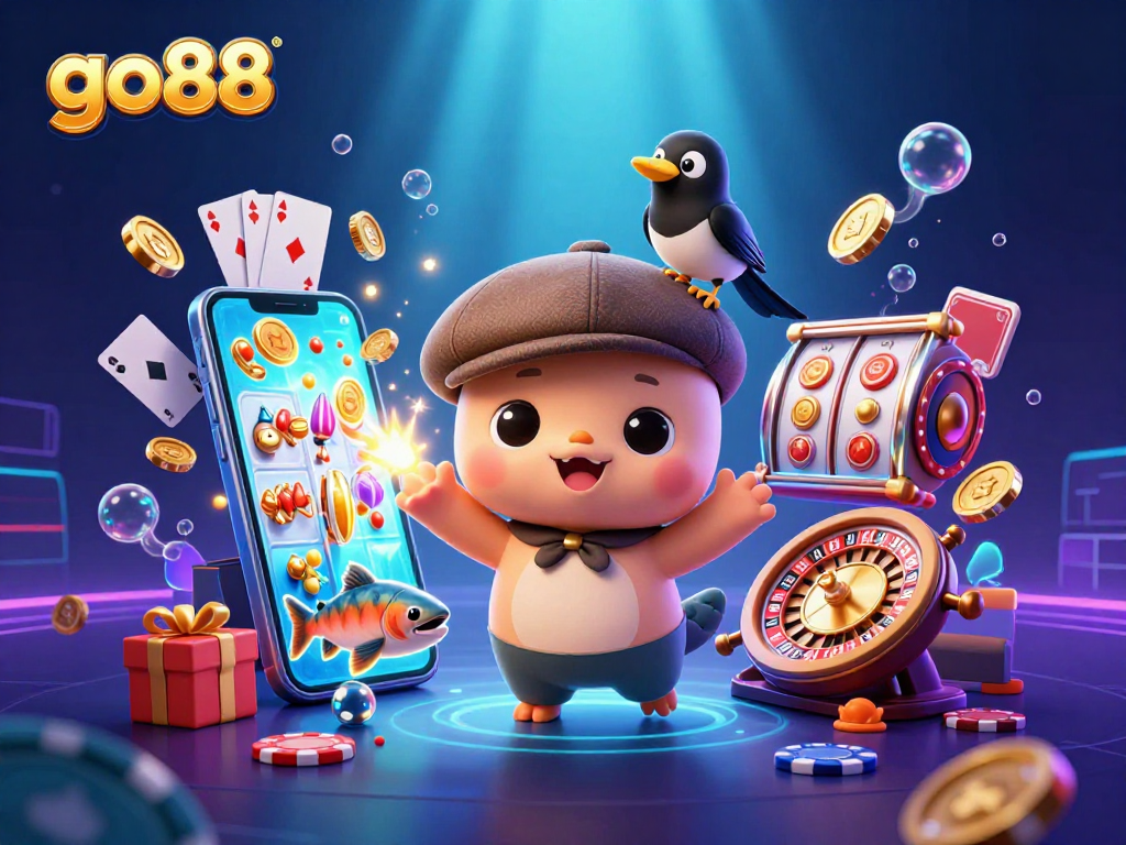 Spin to win with go88 in a lively 3D casino scene showcasing cartoon characters and slot game elements.