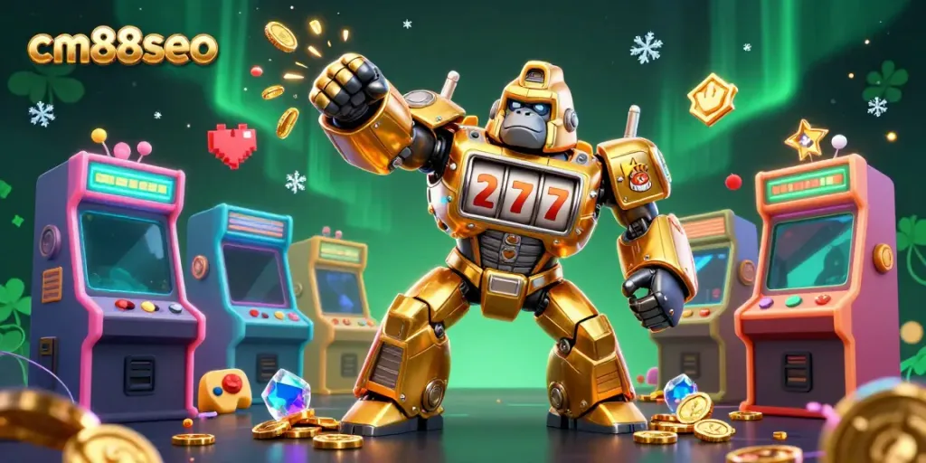 Engage with dynamic casino fun featuring the cm88seo golden gorilla mech amidst colorful gaming elements.