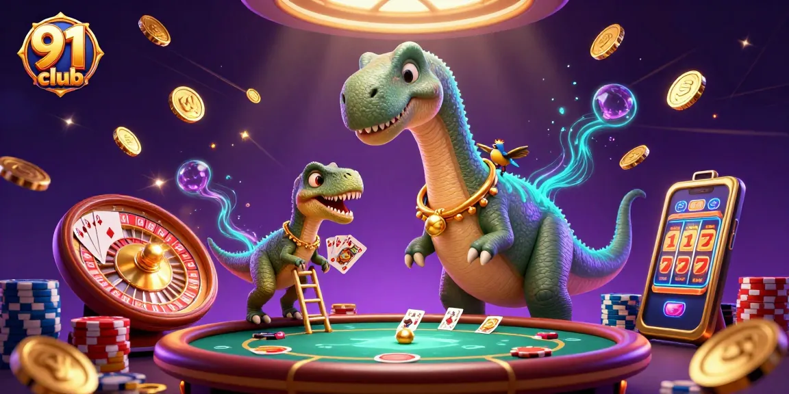 Score big with the 91 club as a towering brontosaurus watches over a vibrant casino scene filled with action.