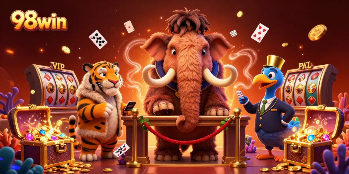 Experience thrilling excitement at 98win with a dynamic casino scene featuring unique characters and vibrant gaming elements.