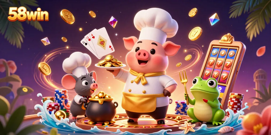 Join the excitement at 58win with a fun-filled 3D casino illustration showcasing gold prizes.