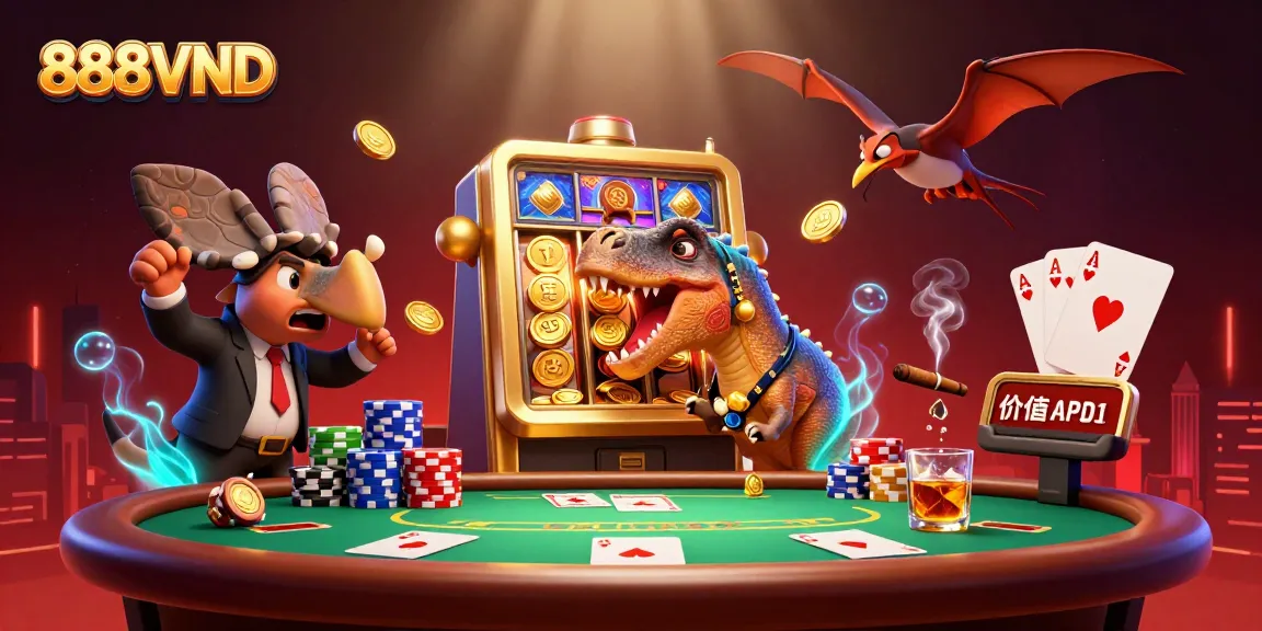 Watch 888VND's pachycephalosaurus win jackpots in this vibrant casino scene.