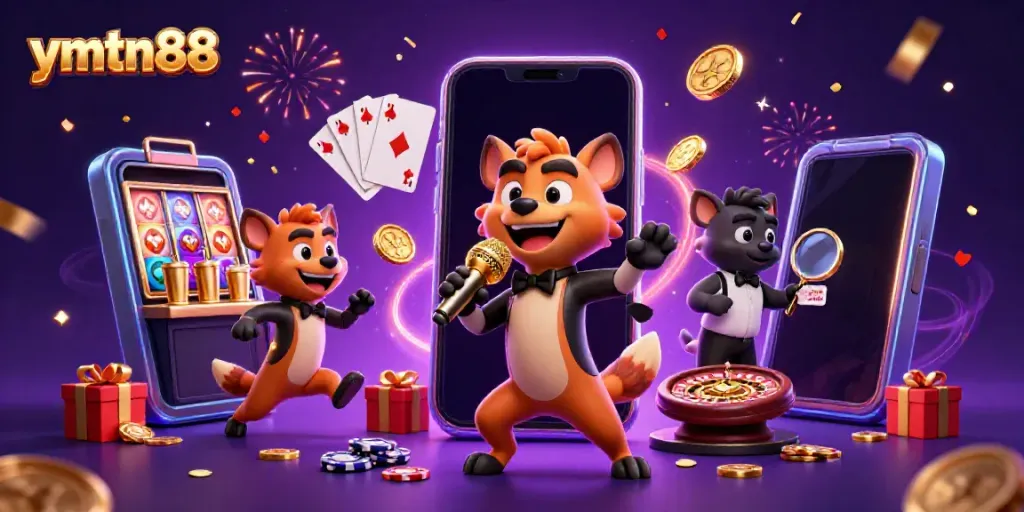 Hyenas entertain at a vibrant comedy casino club scene, featuring ymtn88 gaming elements.