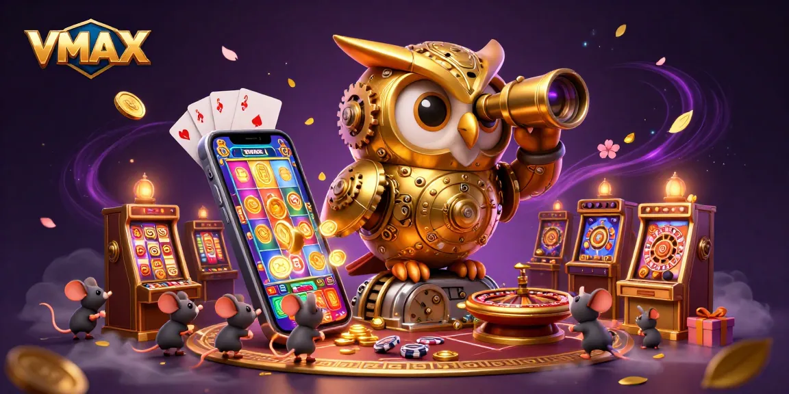 Experience VMAX as a dynamic golden owl oversees a vibrant casino floor with action-packed gaming elements.